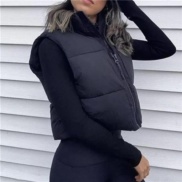 Women's Winter Crop Vest Puffer Lightweight Stand Collar Padded Vest Zip Up - Picture 4 of 6